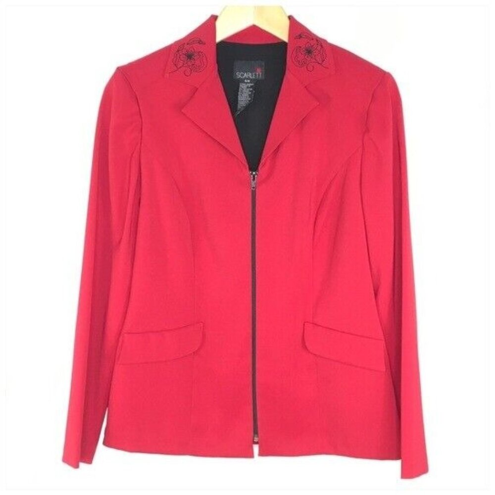 90s Red Suit Jacket Zip Front Dressy Size 5/6 Floral Embroidered Collar Office